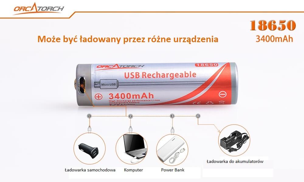 Akumulator 18650 USB - 3400mAh Orcatorch